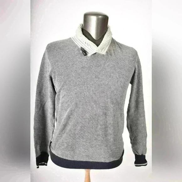 HACKETT Grey Navy Blue Cotton Cashmere  Shawl Collar Knit Sweater Medium Italy - Picture 2 of 10